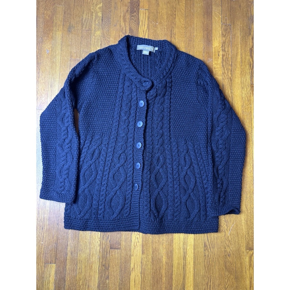 Inis Crafts Sweater Womens Sz M Black Cable Knit Chunky Cardigan Merino Wool